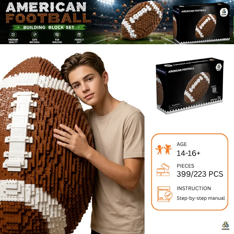 KADELE Unisex Football Building Bricks & Parts Set - DIY STEM Learning Construction Kit, Football Fans Collectible Model, House Decoration Gift for Teens & Adults Age 13+, American Football Design
