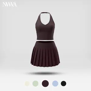 NVWA Women's 2-Piece Tennis Set - Halter V-Neck Tank Top, High-Waist Pleated Skirt with Pockets & Built-In Shorts - Women's Casual Clothing for Outdoor Sports & Fitness