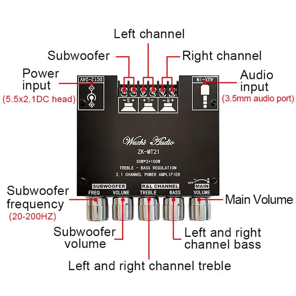 WUZHI AUDIO ZK-MT21 2.1-Channel Bluetooth Audio Power Amplifier Board - Adjustable, 50W*2+100W, Protection Feature, Compatible with Subwoofer Speakers Amplifiers