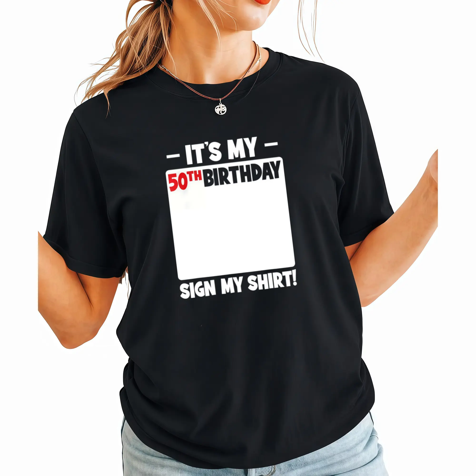 50th Birthday Party T-Shirt - Funny "It's My Birthday" Signature Design with Signature Space, Black Shirt with White Text - Machine Washable Adult Birthday Gift for Women, Men, Parents - Birthday Celebration Apparel, Festive Occasion Wear, Bold Text Prin