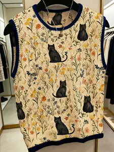 Women's Bohemian Colorblock Animal Cat Plant Flower Print Knit Vest, Round Neck Hollow Out Sleeveless Sweater, Casual Comfortable Top