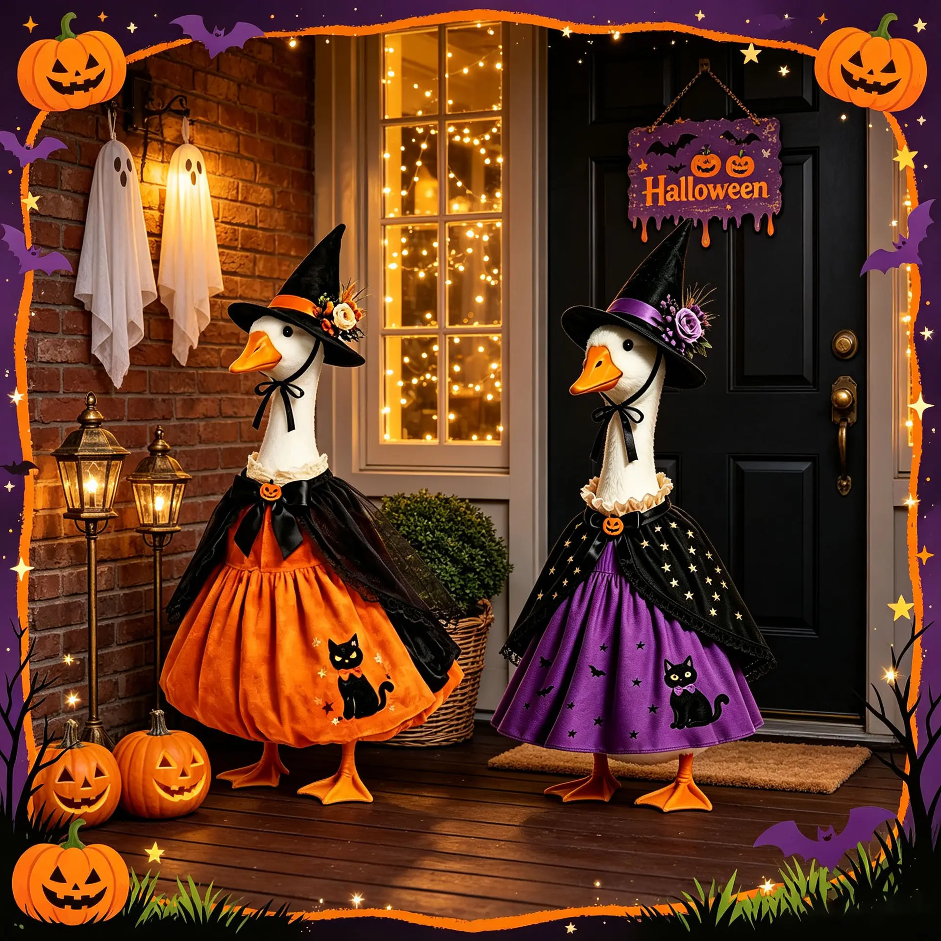 Halloween Porch Goose Outfits, Pumpkin Witch Black Cat Dress with Hat for 23'' Lawn Cement Plastic Goose Cute Porch Goose Outfit for Outdoor Garden Yard Decor