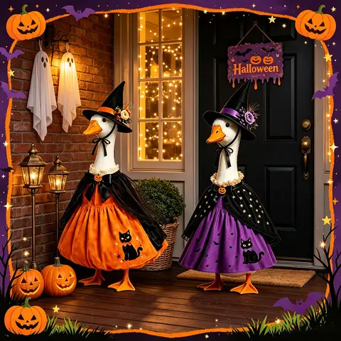 23in Lawn Cement Plastic Goose Outfits - Spooky Polyester Pumpkin-Witch-Black Cat Costume Parts, Festive Home Decoration Ornaments for Garden Yard Front Porch Halloween DIY Specialty Supplies