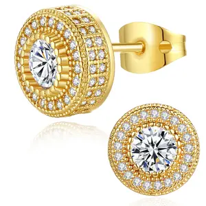 14K Gold Plated Iced Out Cubic Zirconia Screw Back Round Stud Earring For Men Women Hypoallergenic Earring Hip Hop Jewelry