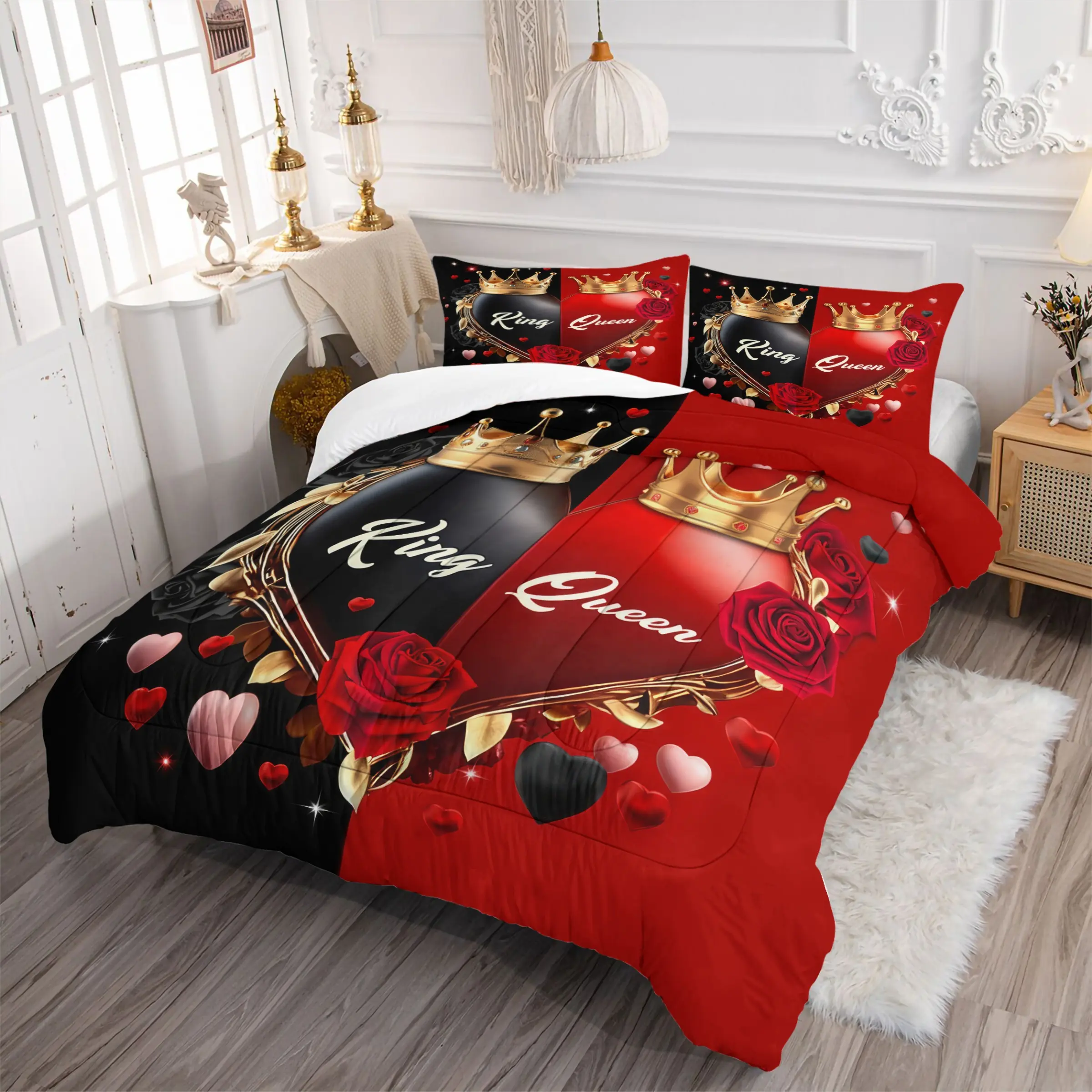"King" "Queen" Pattern Printed Comforter Set, Including 1/2 Coreless Pillowcase, Couple Theme Bedding Gift Set, Full of Romantic and Sweet Atmosphere in The Bedroom, Warm and Soft and Comfortable Bedding, Comfy Bedding Set