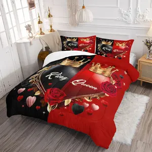"King"  "Queen" Pattern Printed Comforter Set, Including 1/2 Coreless Pillowcase, Couple Theme Bedding Gift Set, Full of Romantic and Sweet Atmosphere in The Bedroom, Warm and Soft and Comfortable Bedding