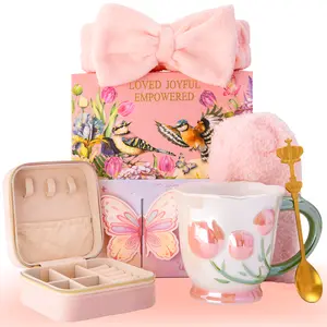 Mother'sDay Gifts for Mom, 7Pcs Birthday Gift Ideas for Mom, Thank You Gifts for Mom 18Oz Ceramic Tulip Mug Set with Headband Spoon Socks Card Gift Box Jewelry Case for Christmas Mothers Day Valentine