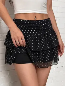 Women’s Layered Ruffle Skort High Waist Polka Dot Print with Ruched Elastic Waistband and Built In Shorts Casual Skirt Activity Wear