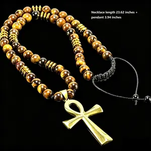Adjustable Tiger Eye Ankh Necklace for Men Women  Natural Tiger's Eye Beaded Egyptian Key of Life Pendant  Spiritual Protection Grounding Confidence Crystal Jewelry Gift Jewelry Gift for Him Boyfriend Husband