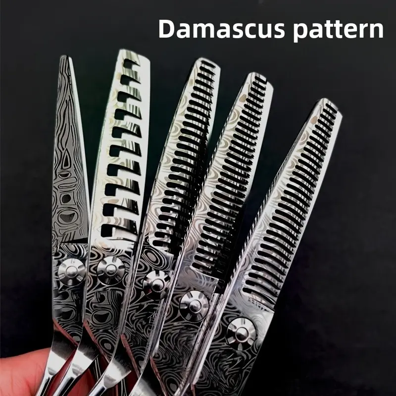 Damascus Pattern Professional Haircutting Scissors, Barber Trimming Shears, Flat Blade, Thin Teeth, Fishbone Clipper, Hair Cutting Tool, Barber Equipment