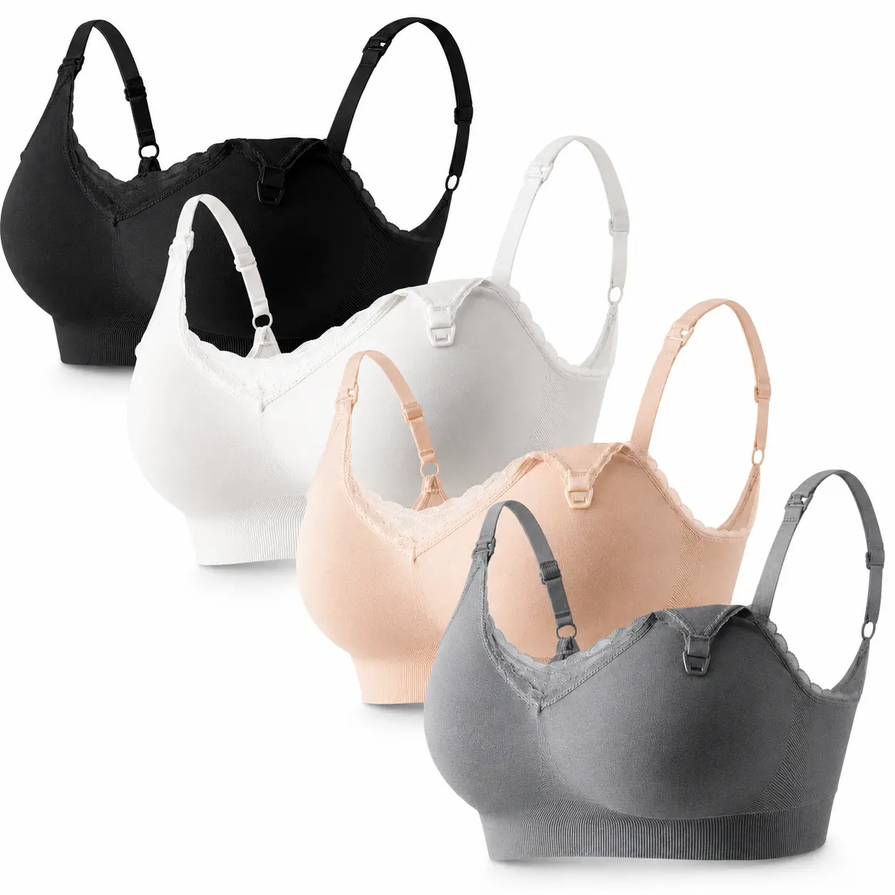 【4 Pack】Women's Nursing Bras, Wireless Seamless Maternity Bralettes with One-Hand Drop-Down Cups, V-Neck Lace Trim, Adjustable Straps and Wide Ribbed Underband, Soft Stretch Support for Pregnancy, Breastfeeding, Sleep and Everyday Wear, All-Day Comfort