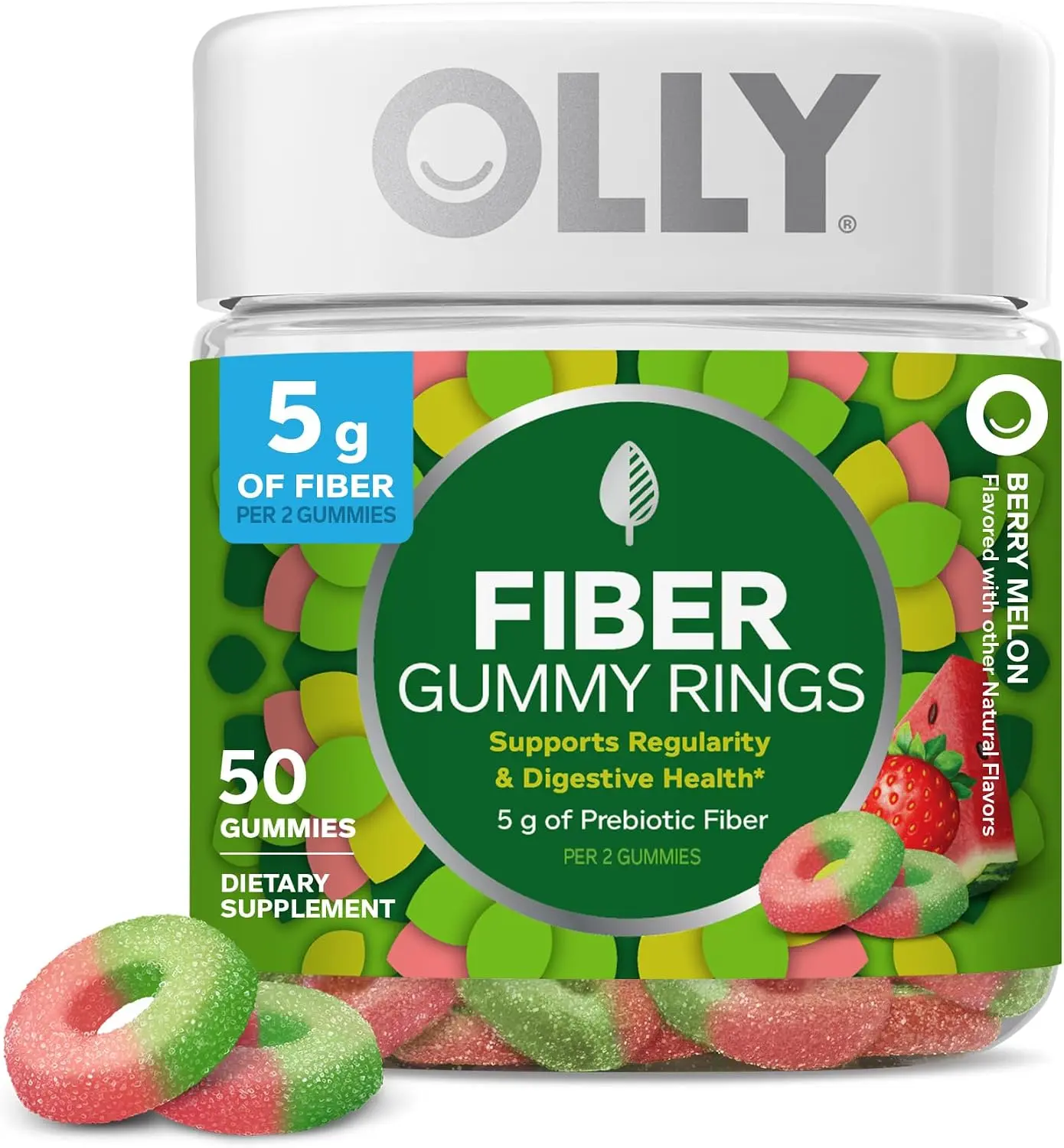 OLLY Fiber Gummy Rings, Digestive Health Supplement, Berry Melon - 50 Count