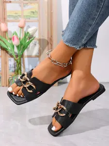 2025 Summer New Metal Chain Flat Slide Sandals for Women Fashion Open Toe Slippers Outdoor