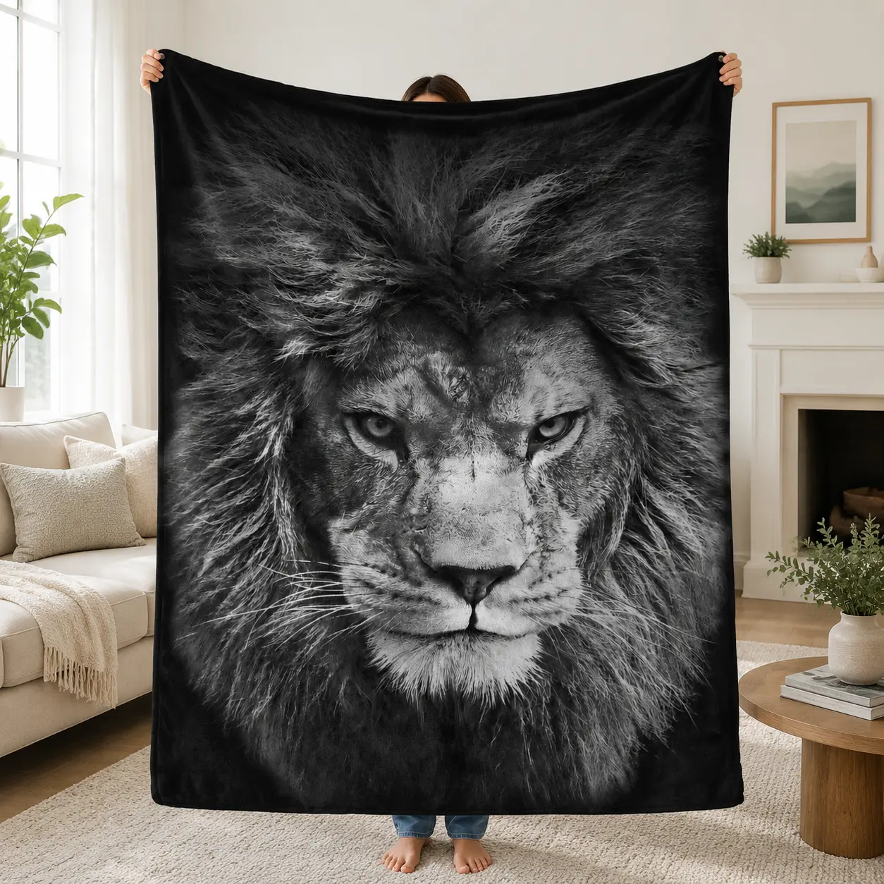 Lion Blanket, Black and White Wildlife Throw Blanket, Majestic Lion Head Design Soft Blanket for Bedroom Sofa Decor