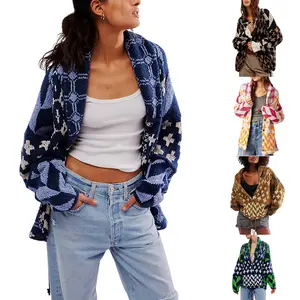 Kingapril Women's Oversized Geometric Checkered Cardigan Sweater Long Sleeve Drop Shoulder Chunky Knit Plaid Shawl Collar Coats Y2k Print for Autumn Winter Casual Wear