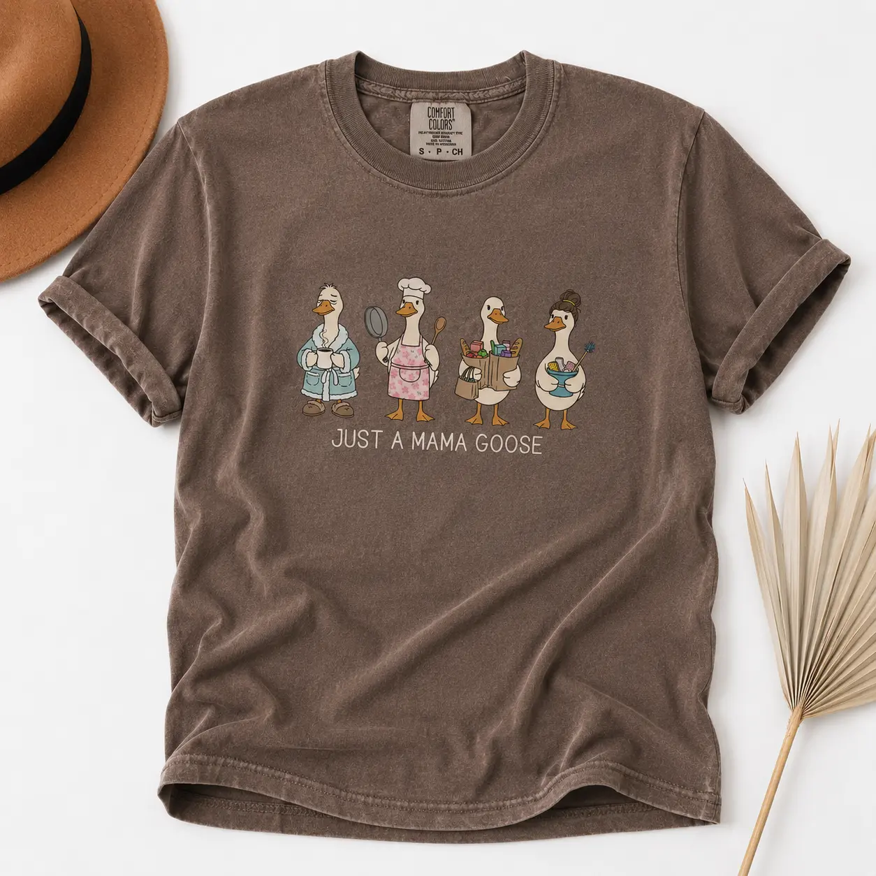 Women's Mama Goose Printed Round Neck Washed Cotton Short-Sleeve T-Shirt - Vintage Tee, Casual Streetwear Everyday Clothes