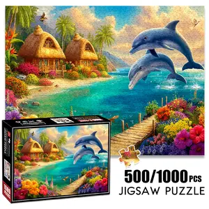 1pc 1000 piece adult puzzle 70x50cm Beach Huts, Dolphins, Flowers & Wooden Pier Scene 500 pieces of paper jigsaw puzzle, suitable for adults and families, large-scale DIY puzzle interactive toy