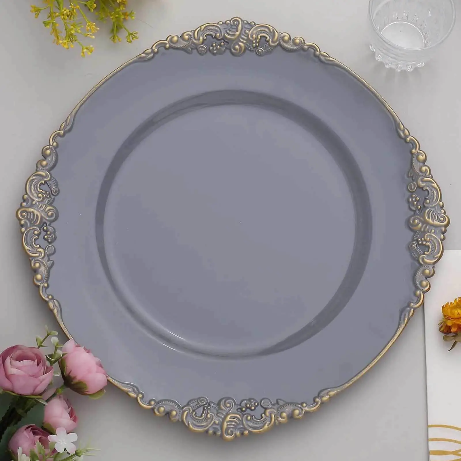6-Piece Dining Plate Set, 13" Round Shape Circular Acrylic Charger Plates with Gold Embossed Baroque Rim, Charcoal Gray - Formal Events Antique Tableware for Dinner Tables