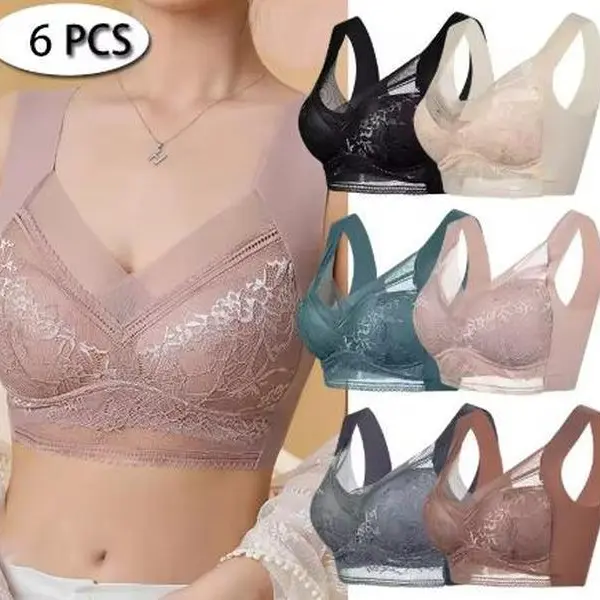 Women's 6-Pack Seamless Wirefree Bralettes - V-Neck Lace Trim Pullover Underwear for Women, 3/4 Coverage Racerback, Back Smoothing, Breathable Stretch Nylon, Fixed Straps, Athletic Lightly Lined for Wedding, Holiday Wear, Wirefree Bra