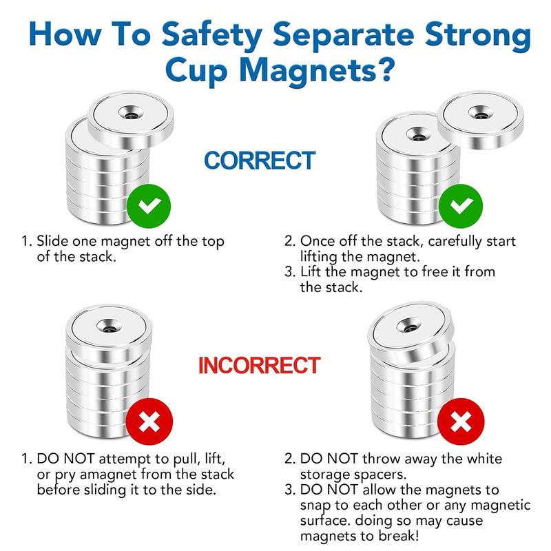 Strong Neodymium Cup Magnets, Waterproof, Rare Earth, 150lb+ Pull Force, Silver, 6 Pack with Screws for Wall Mounting, Hanging, Lifting Tools