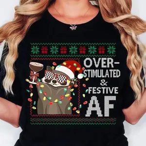 Delivered after Christmas-Overstimulated & Festive Af Raccoon Christmas T-Shirt, Ugly Christmas Funny Tee, Ugly Christmas Shirt