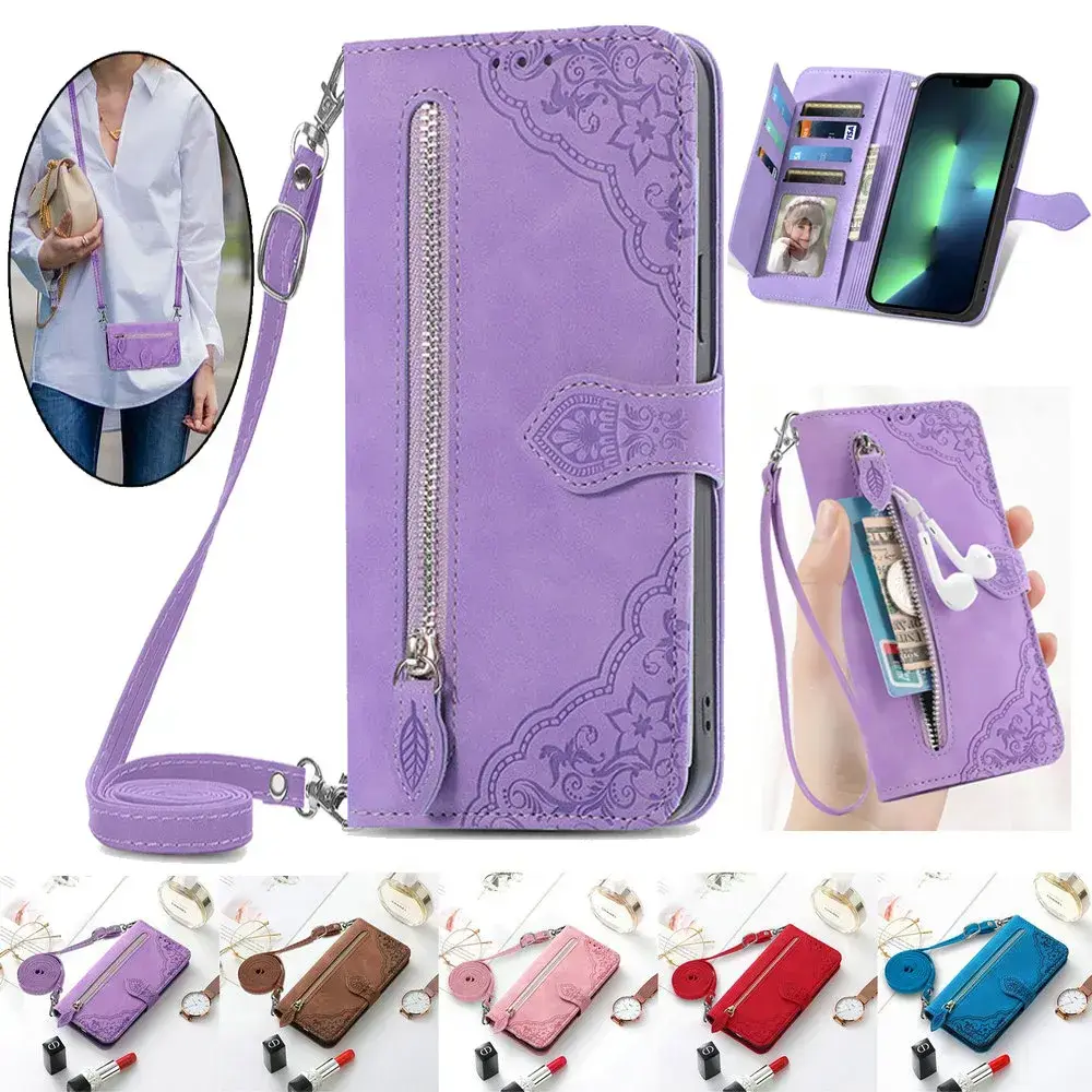 Crossbody Zipper Wallet Card Flip Case for iPhone 17 Air 16E 15 Pro Max 11 12 13 14 Plus 16 E 5G 2025 Leather Cover Book Funda