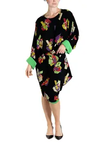 1980S KARL LAGERFELD Black & Green Silk Crepe De Chine Modernist Print Kimono Sleeve Dress
