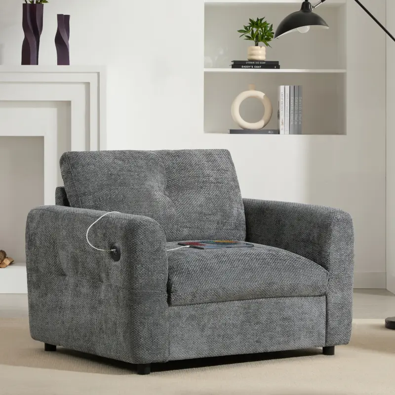 Chenille 42x33" Single Sofa with Wide Seat Dual-port Charger Pull-line Tufted Design High-density Foam for Living Room & Apartment