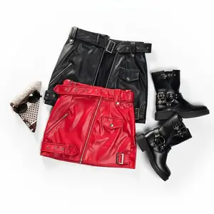 Y2K Moto Faux Leather Mini Skirt - High Waisted Buckle Belted Zipper Streetwear