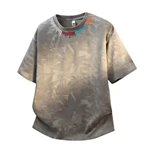 Retro Casual Men’s American-Style Embroidered Short-Sleeve T-Shirt, Ice Silk Breathable Fabric, Contrast Trim Neckline + Hidden Texture Print, Versatile Loose Fit for Summer, Elbow-Length Sleeves #Summervibes