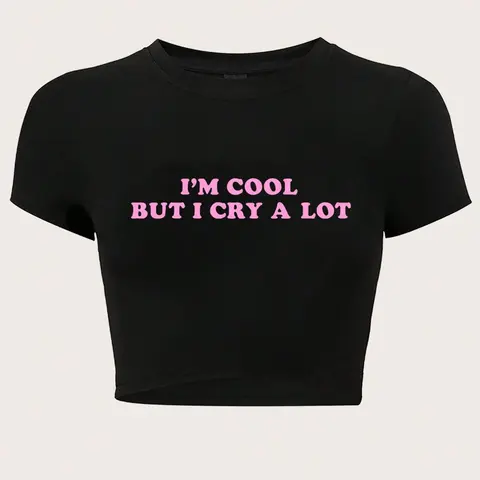 Women's Letter Print Round Neck Fitted Crop Tee, Y2k Trendy Aesthetic Casual Short Sleeve T-shirt for Daily Wear, Ladies All Seasons Clothes, Summer Tops, Casual Everyday Tops, Casual Fashion Tee, Womenswear