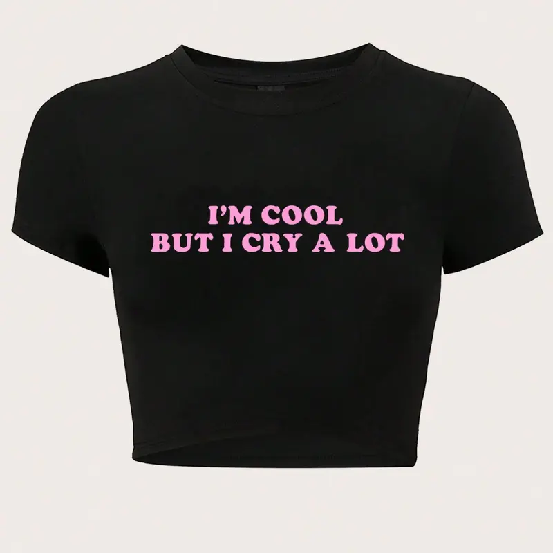 Women's Letter Print Round Neck Fitted Crop Tee, Y2k Trendy Aesthetic Casual Short Sleeve T-shirt for Daily Wear, Ladies All Seasons Clothes, Summer Tops, Casual Everyday Tops, Casual Fashion Tee, Womenswear