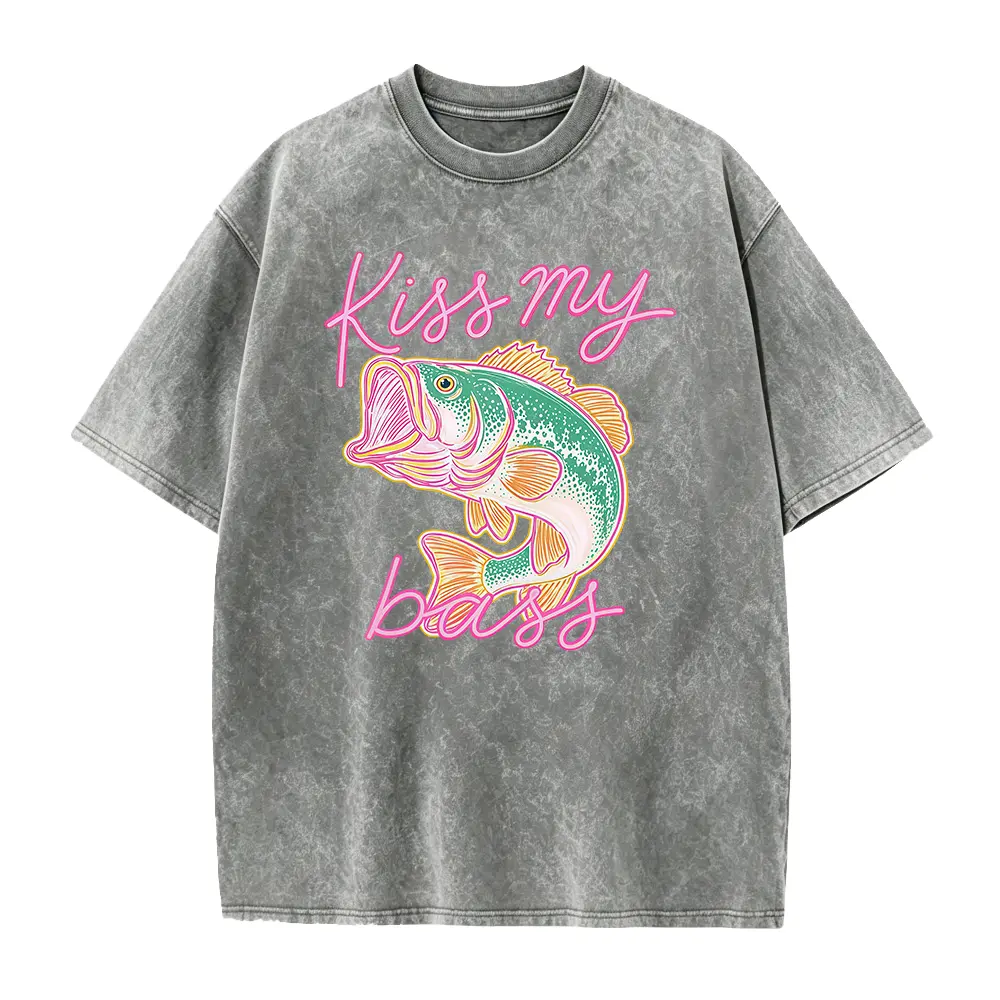 Kiss My Bass Graphic T-Shirt for Women, Casual Preppy Style Smooth Cotton Top with a Ribbed Crew Neck and Seamless Loose Fit