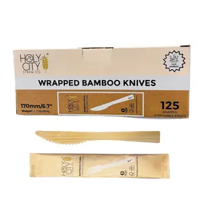 Holy City Straw Co. Wrapped Bamboo Knives | 125ct. | 6.7" | Compostable & Plastic-Free | Great for Foodservice & Hospitality, To-Go Meals or Events