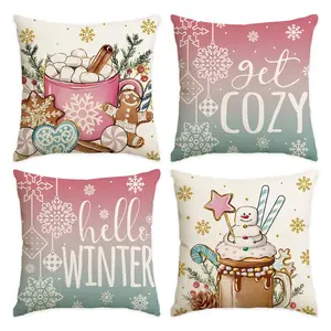 4pcs Christmas Pillow Cover 18x18 inches, Hello Winter, Cute Gingerbread Man, Hot Cocoa, Candy Printed Decorative Pillow Cover, Christmas Decoration Room Living Room Sofa Bedroom Car Seat Pillow Cover, Christmas Decoration (without Pillow Core)