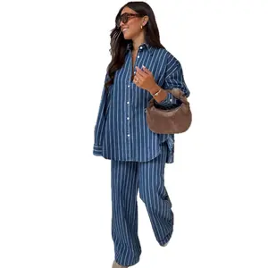 Autumn and winter clothing Women's 2 Piece Sets Stripe Single Breasted Full Sleeve Shirt Wide Leg Pants Suit Female 2025 new Lady Outfits