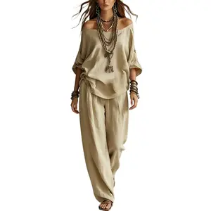 Women's Summer Solid 3/4 Sleeve Tops & Wide Leg Pants Set, Casual Loose Simple Fashion Outfit, Daily Holiday Travel Two Piece Set