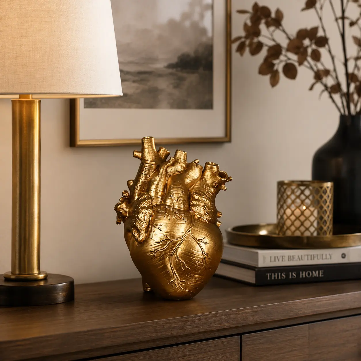 Gold Heart Resin Sculpture, Gothic-Inspired Heart-Shaped Statue with Detailed Texture, Dark Academia Tabletop Decor for Bookshelf, Living Room, Bedroom, Office and Halloween Display