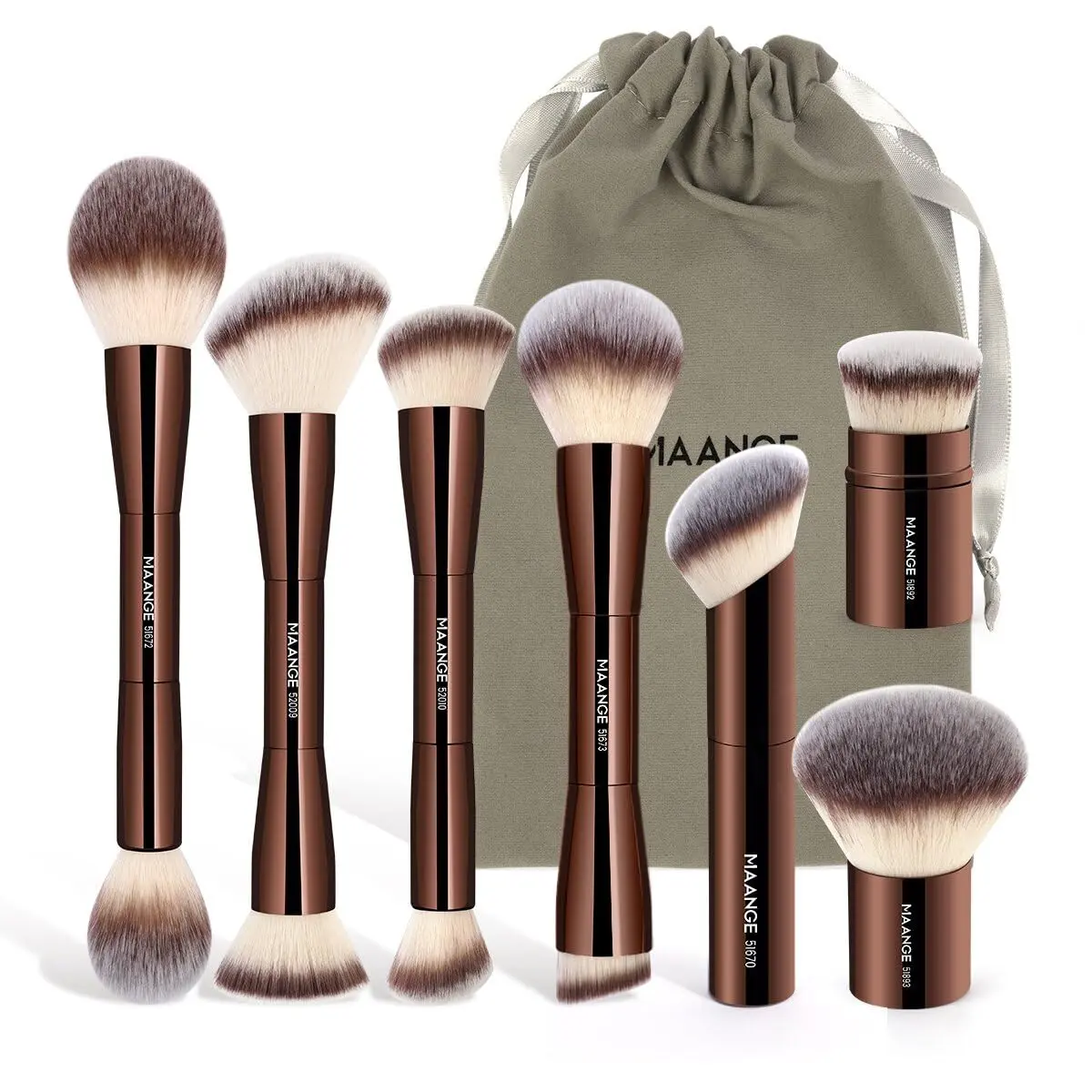 MAANGE 7pcs Makeup Brush Set Double Sided Kabuki Makeup Brushes Contour Brush for Foundation Liquid Powder Concealer Cream Cosmetics Bronzer Blending Blush Buffing Makeup Tools (Coffee)