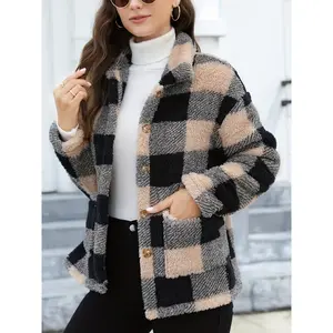 Plaid Print Patched Pockets Teddy Coat, Versatile Long Sleeve Single Breasted Winter Outwear, Women's Clothing