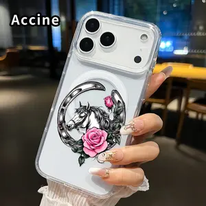 Horse Rose Horseshoe Pattern Magnetic Phone Case for iphone 17 Pro Max 16 Plus 15 14 13 12 11 Air XR E Non-Yellowing Clear Crystal Drop-proof Slim Silicone Shockproof Transparent Acrylic Large Hole Cover Supports Wireless Charging