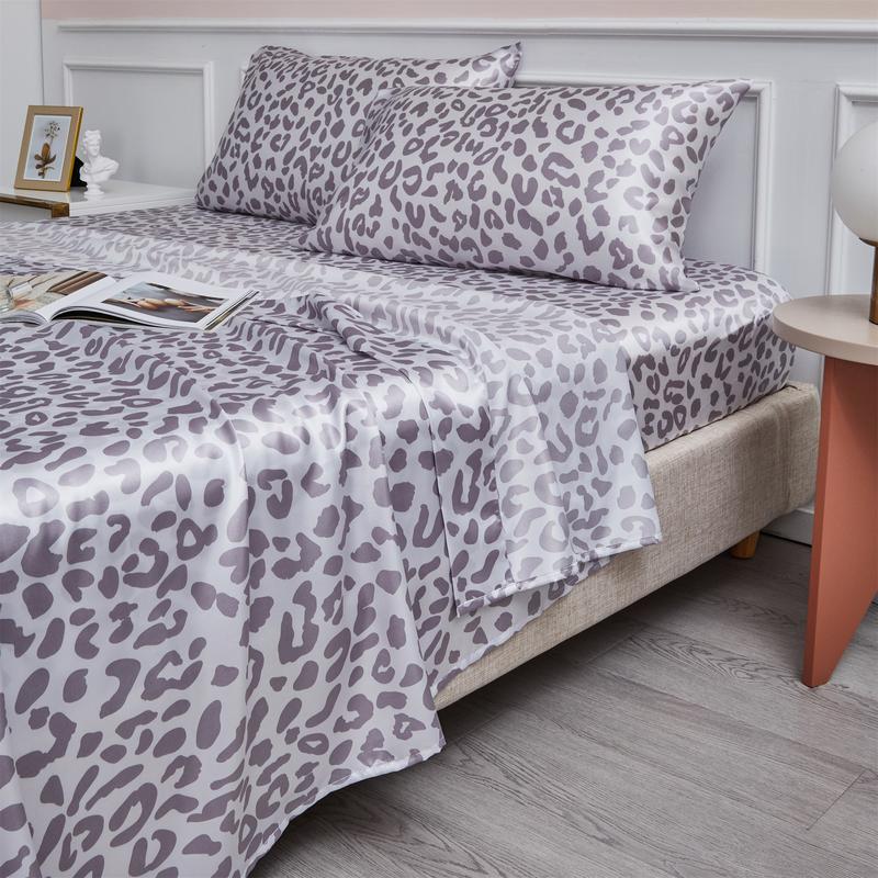 BEKRVIO- 4-Piece Purple leopard Soft Satin Sheet Set Faux Silky Bedding and Pillowcases Cooling & Wrinkle-Free  Fitted  Deep Pocket King Queen Twin Size Skin-friendly & Hair-Protective Low-Friction Cool Touch Breathable Heat-Dissipating Bed Sheet Set