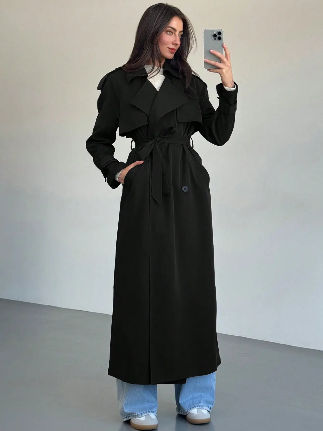 Women's Windproof Coffee Black Long Trench Coat With Belted Waist Lapel Collar Double-Breasted Design Elegant Casual Outerwear For Fall & Winter