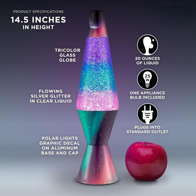 Glitter Motion Lamp, Silver Glitter, Multicolor Base and Globe, For a Coffee Table, Bookshelf, or Desk, 14.5"
