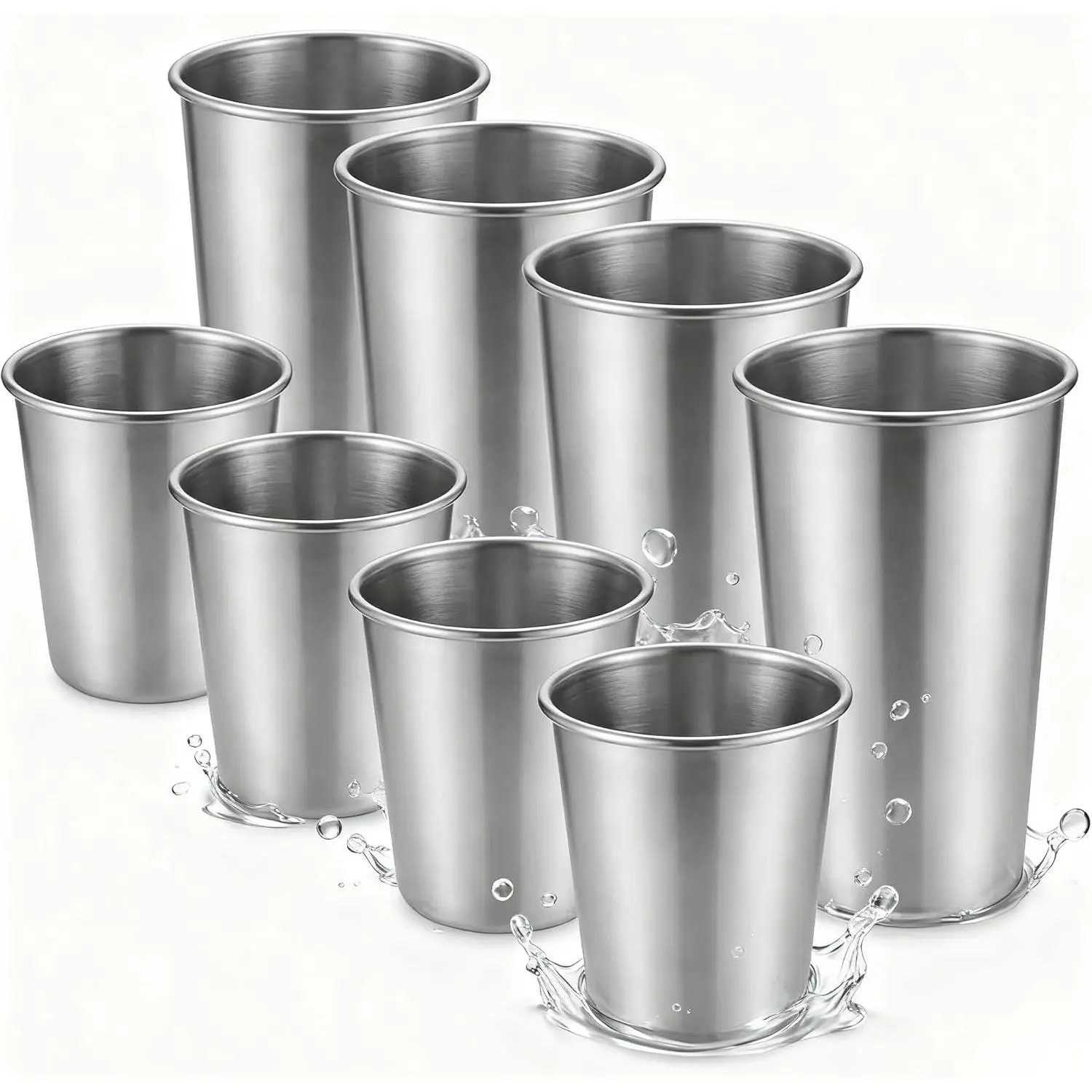 Stainless Steel Cups & Pint Tumblers Set of 8 - 4 Pack 8 oz + 4 Pack 16 oz Stackable,  Unbreakable 304 Metal Drinking Glasses for  & Adults, Indoor Outdoor Picnic Travel Camping