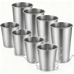Stainless Steel Cups & Pint Tumblers Set of 8 - 4 Pack 8 oz + 4 Pack 16 oz Stackable,  Unbreakable 304 Metal Drinking Glasses for  & Adults, Indoor Outdoor Picnic Travel Camping
