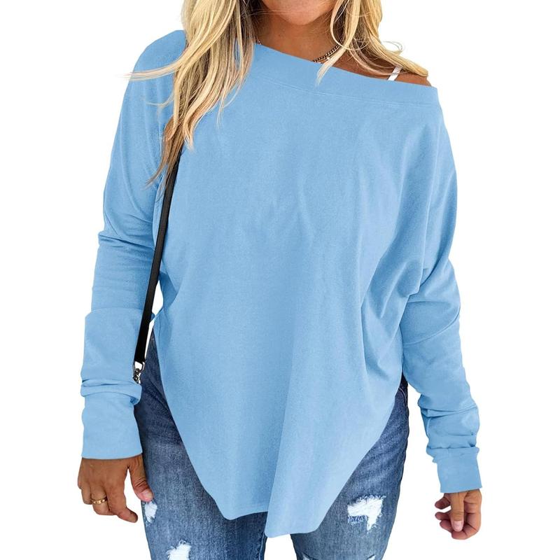 Goranbon Women's Plus Size Tops Off Shoulder Long Sleeve Loose T Shirts Casual Curved Hem Tunics Tee Shirt