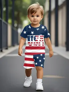 American casual boys' short-sleeve T-shirt with star-spangled letter digital print, infant and toddler short-sleeve set, casual kids' clothing for babies. Suitable for daily wear and outdoor activities. Made of 100% polyester, an ideal gift for infants an