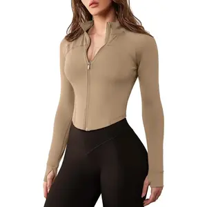Women's Zip Up Workout Jacket Lightweight Slim Fit Athletic Jacket Cropped Running Gym Tops with Thumb Holes