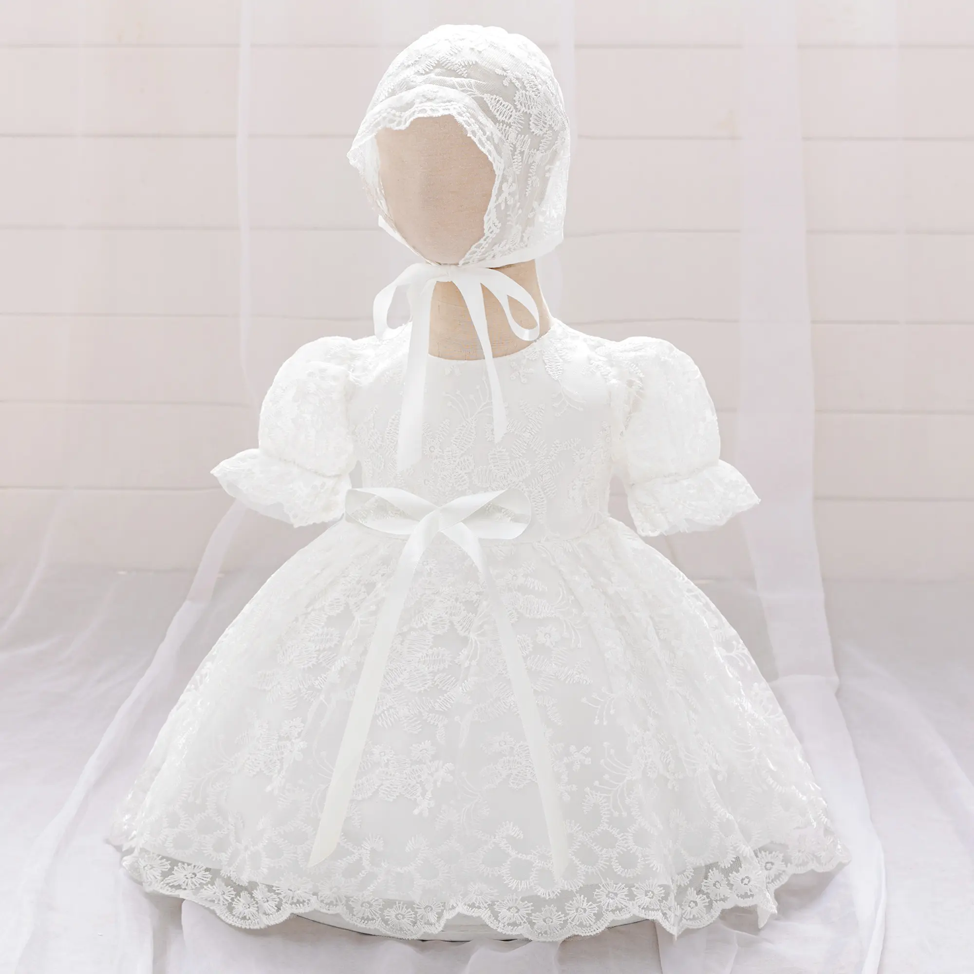 Baby Girl White Baptism Dress Floral Embroidery Mesh Dress Baby Girl Newborn Dress Baby Girl Summer Sweet Embroidery Mesh Ruffle Hem Dress